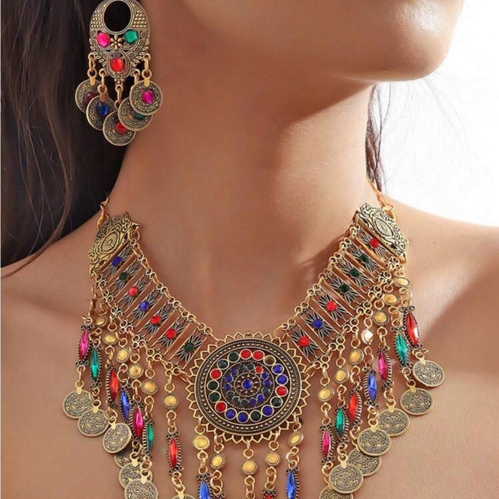 Bohemian Multicolor Statement Necklace and Earring Set